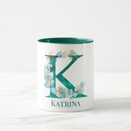Vattenfärg Teal och Guld Monogram Bokstav K Mugg