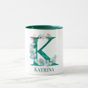 Vattenfärg Teal och Guld Monogram Bokstav K Mugg
