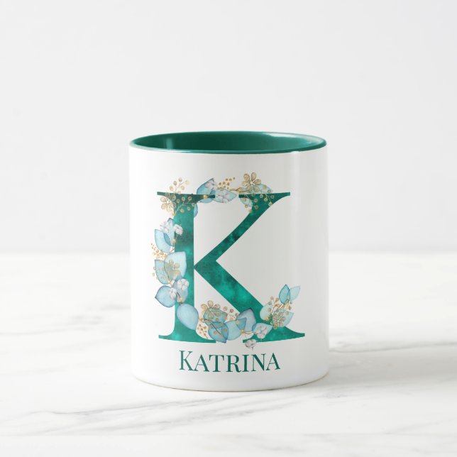 Vattenfärg Teal och Guld Monogram Bokstav K Mugg (Center)