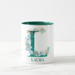 Vattenfärg Teal och Guld Monogram Bokstav L Mugg