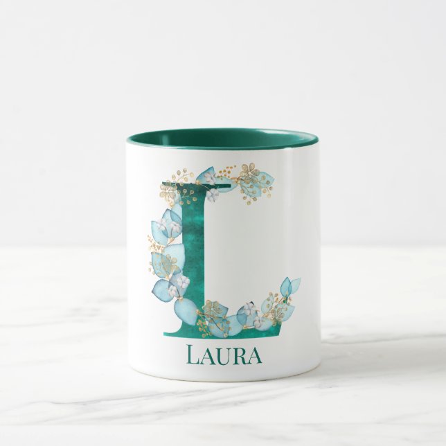 Vattenfärg Teal och Guld Monogram Bokstav L Mugg (Center)