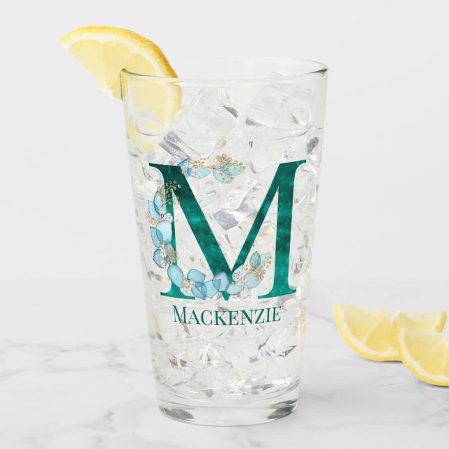 Vattenfärg Teal och Guld Monogram Bokstav M Glaskopp (Framsida Ice)