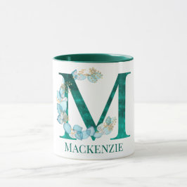 Vattenfärg Teal och Guld Monogram Bokstav M Mugg