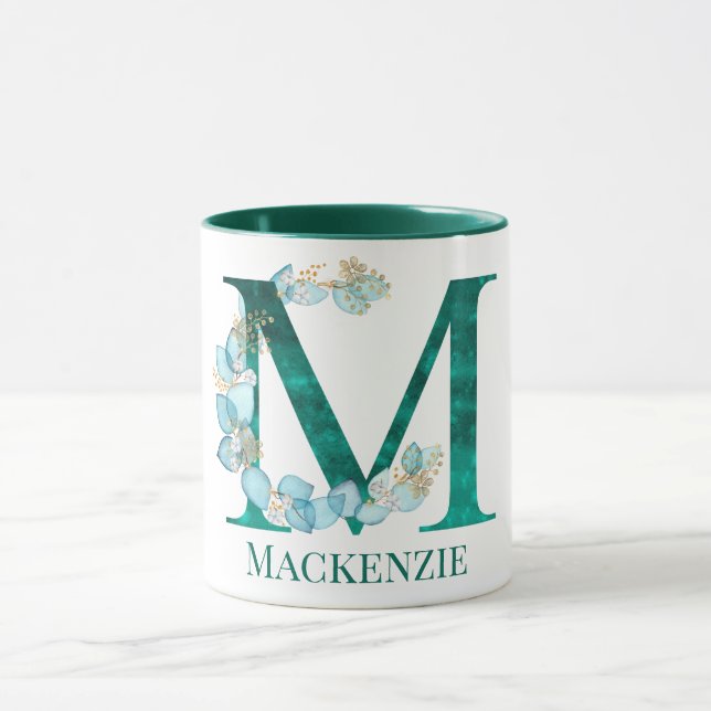 Vattenfärg Teal och Guld Monogram Bokstav M Mugg (Center)
