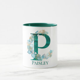 Vattenfärg Teal och Guld Monogram Bokstav P Mugg