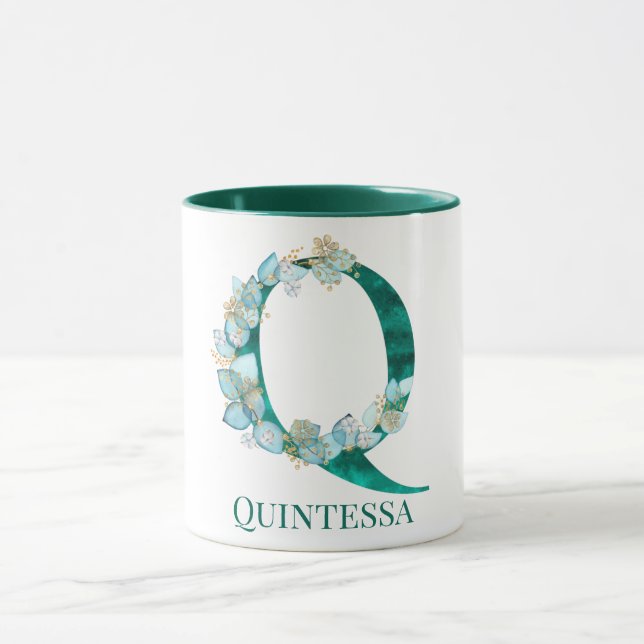 Vattenfärg Teal och Guld Monogram Bokstav Q Mugg (Center)