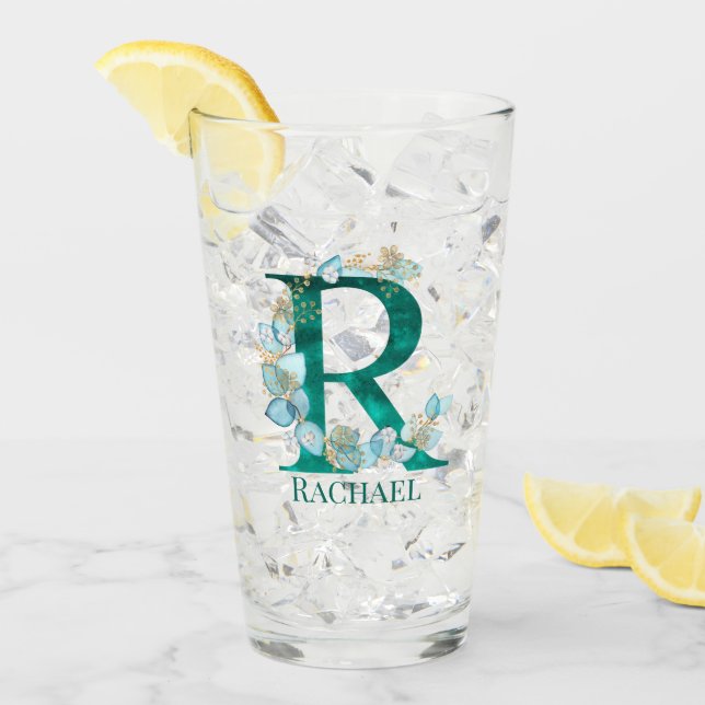 Vattenfärg Teal och Guld Monogram Bokstav R Glaskopp (Framsida Ice)