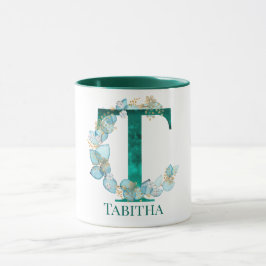 Vattenfärg Teal och Guld Monogram Bokstav T Mugg