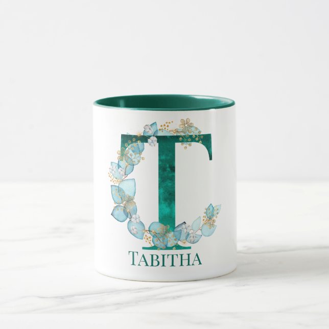 Vattenfärg Teal och Guld Monogram Bokstav T Mugg (Center)