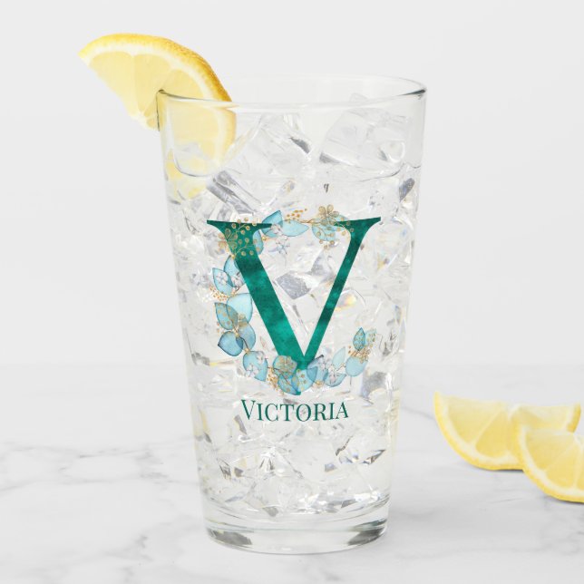 Vattenfärg Teal och Guld Monogram Bokstav V Glaskopp (Framsida Ice)