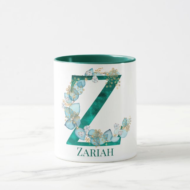 Vattenfärg Teal och Guld Monogram Bokstav Z Mugg (Center)