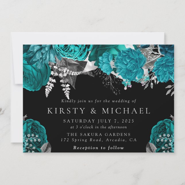 Vattenfärg Teal och Silver Ro Bröllop Inbjudningar (Framsida)