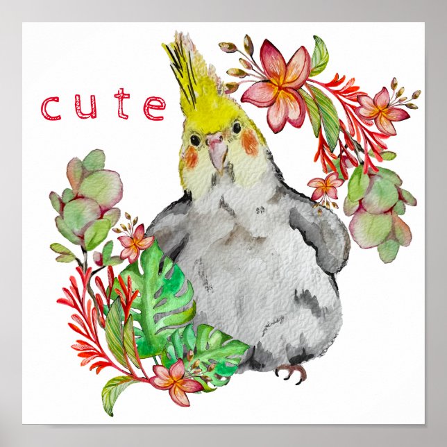 Vattenfärg teckning, en rolig papegoja i blommor poster (Framsidan)
