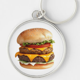 Vattenfärg Teckning i Cheeseburger Rund Silverfärgad Nyckelring