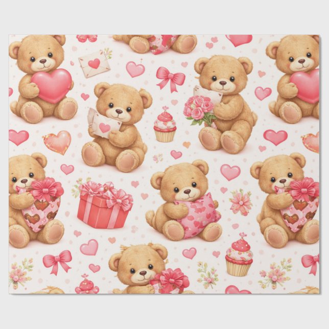 Vattenfärg Teddybjörn Alla hjärtans dag-mönster Presentpapper (Platt)