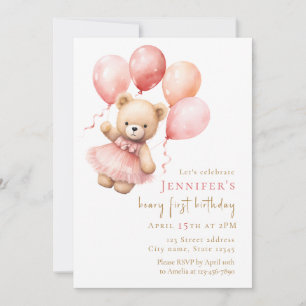 Vattenfärg Teddybjörn Flicka 1-årsdag Inbjudningar