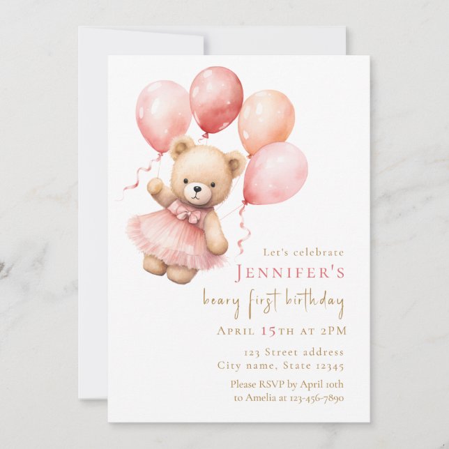 Vattenfärg Teddybjörn Flicka 1-årsdag Inbjudningar (Framsida)