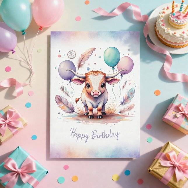 Vattenfärg Texas Longhorn födelsedagskort Julkort (Watercolor Texas Longhorn Happy Birthday Card)