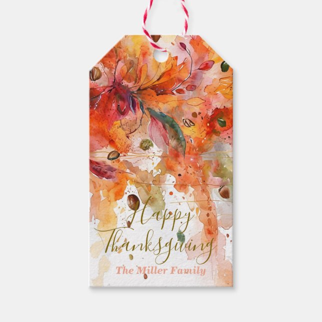 Vattenfärg Thanksgiving-märkning Höst Abstrakt Des Presentetikett (Framsidan)