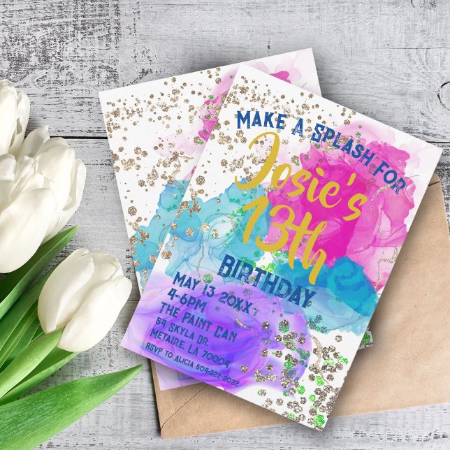 Vattenfärg Tie Dye Paint Stänk Birthday Inbjudningar (Skapare uppladdad)