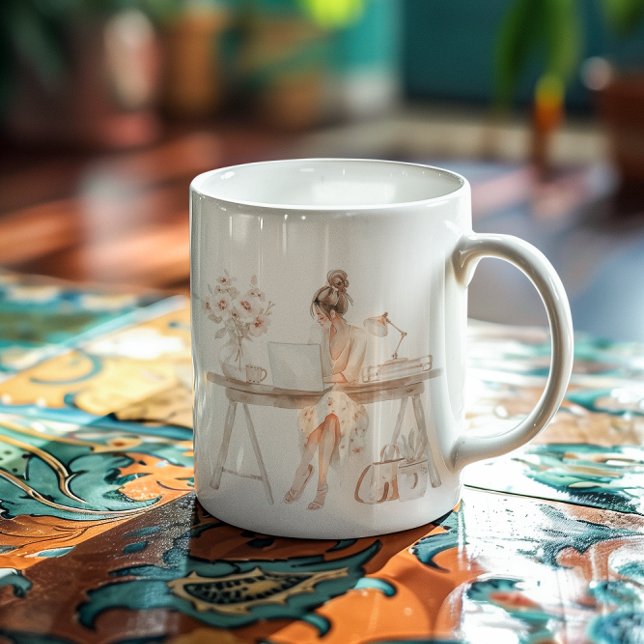 Vattenfärg Tjej Boss Illustration | Chic Monogram Kaffemugg (Skapare uppladdad)