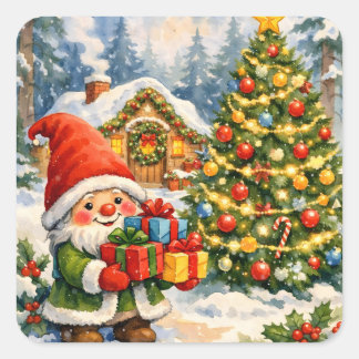 Vattenfärg Tomte och Julgran Fyrkantigt Klistermärke
