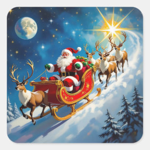 Vattenfärg Tomte på släde jul Fyrkantigt Klistermärke