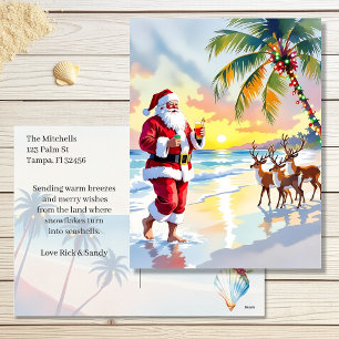Vattenfärg Tomte & Renar på Strand Jul Helg Vykort