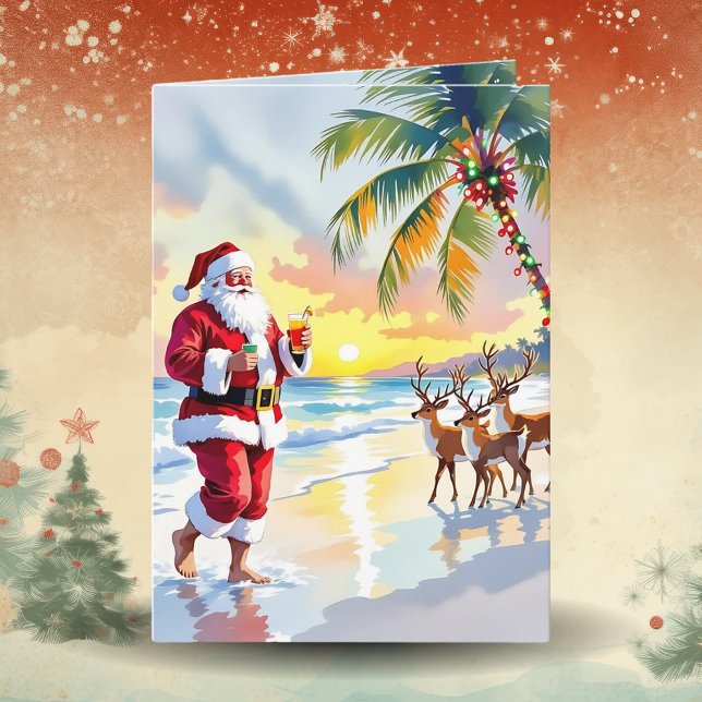Vattenfärg Tomte & Renar på Strand Jul Helgkort (Skapare uppladdad)