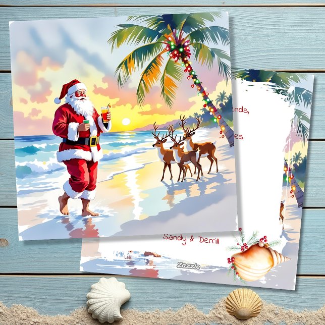 Vattenfärg Tomte & Renar på Strand Jul Julkort (Skapare uppladdad)