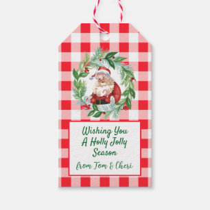 Vattenfärg Tomte Röd Rutig Glädjelig Jul Presentetikett