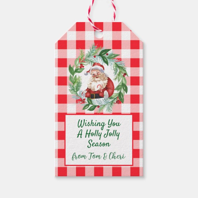 Vattenfärg Tomte Röd Rutig Glädjelig Jul Presentetikett (Framsidan)