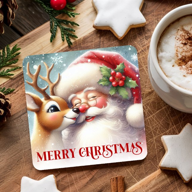Vattenfärg Tomte Rudolf God Jul Underlägg   Papper Kvadrat (Watercolor Santa Rudolph Merry Christmas Coaster Art

)
