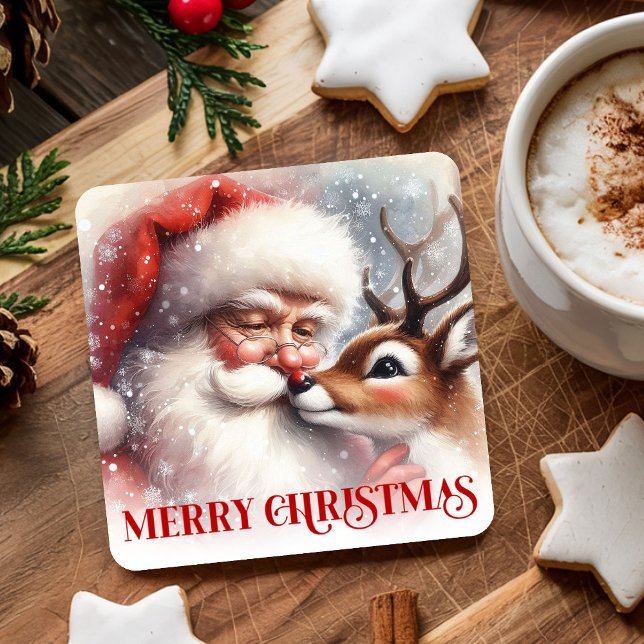 Vattenfärg Tomte Rudolf Julunderskål för Barn Kons Underlägg Papper Kvadrat (Watercolor Santa Rudolph Xmas Coaster for Kids Art

)
