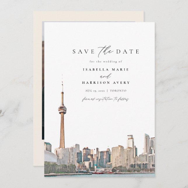 Vattenfärg Toronto Skyline Photo Spara datum in Inbjudningar (Fram/baksida)
