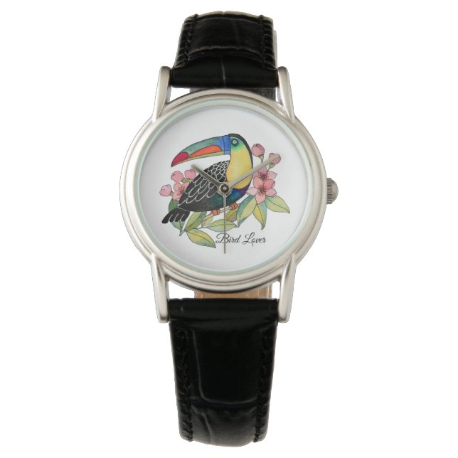 Vattenfärg Toucan Bird med blommor Armbandsur (Framsida)