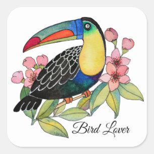 Vattenfärg Toucan Bird med blommor Fyrkantigt Klistermärke