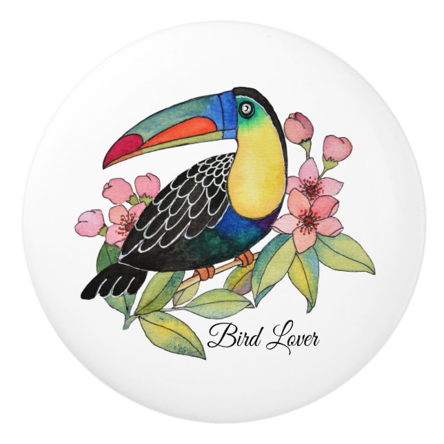Vattenfärg Toucan Bird med blommor Knopp (Framsidan)