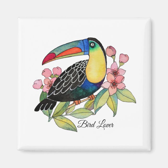 Vattenfärg Toucan Bird med blommor Magnet (Framsidan)