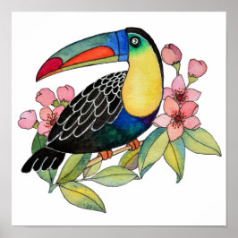 Vattenfärg Toucan Bird med blommor Poster