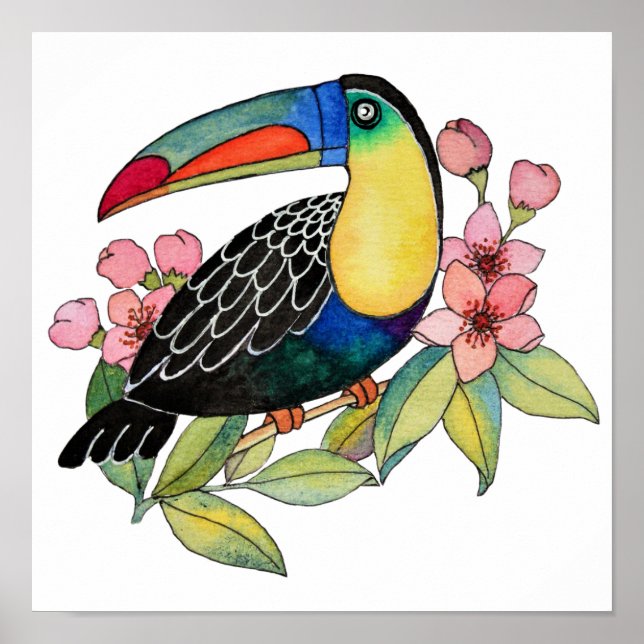 Vattenfärg Toucan Bird med blommor Poster (Framsidan)