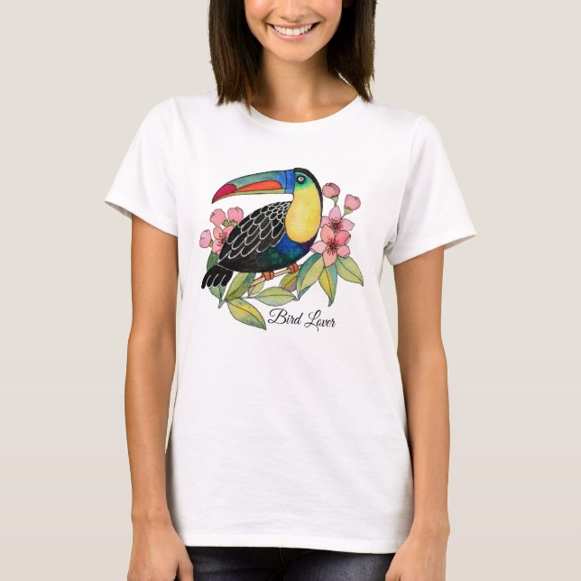 Vattenfärg Toucan Bird med blommor T Shirt (Framsida)