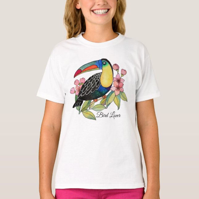 Vattenfärg Toucan Bird med blommor T Shirt (Framsida)