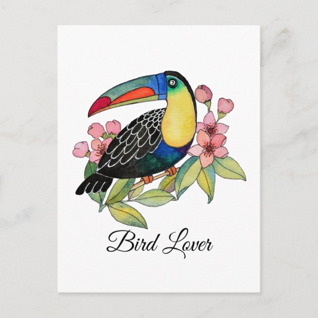 Vattenfärg Toucan Bird med blommor Vykort (Framsida)