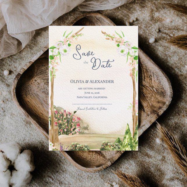 Vattenfärg Trädgårdsbåge Bröllop Save the Date Meddelande (Watercolor Garden Arch Save the Date Romantic Outdoor Wedding Announcement.)
