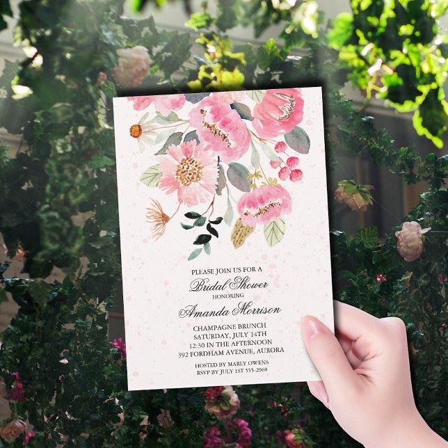 Vattenfärg Trädgårdsblommor Bröllopsfest Inbjudningar (Pink garden flowers bridal shower invitations)