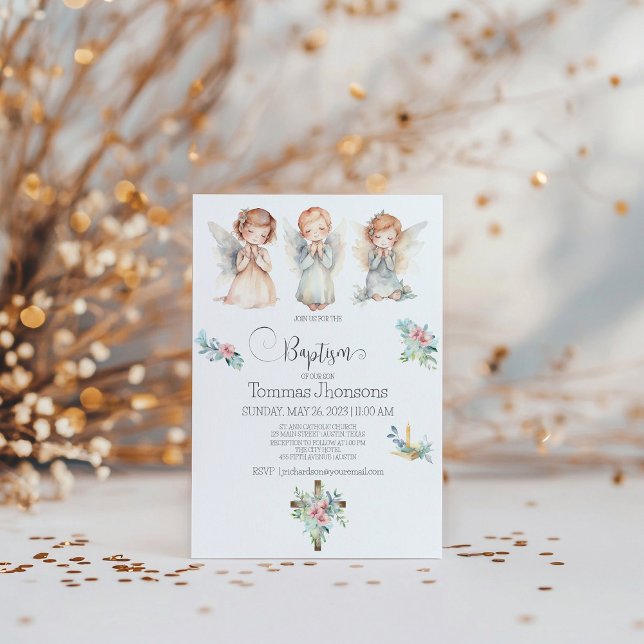 Vattenfärg Tre Änglar Baby Dop Inbjudan (Skapare uppladdad)