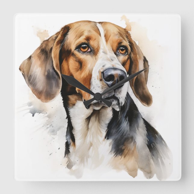 VATTENFÄRG TRI-FÄRGAD FOXHOUND HUND FYRKANTIG KLOCKA (Framsida)