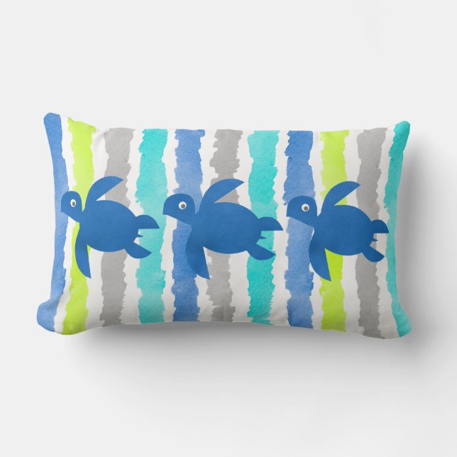 Vattenfärg Triple Sea Turtle Shibori Rand Wave Lumbarkudde (Framsida)