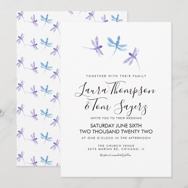 Vattenfärg Trollslända Elegant Skript Bröllop  Inbjudningar (Fram/baksida)